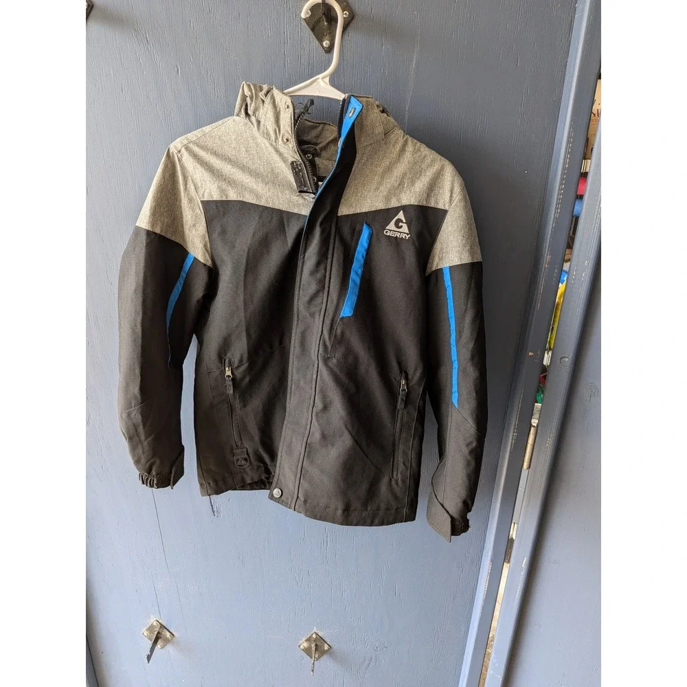 Gerry Boys Ski Jacket Black Gray Blue Hooded Winter Coat Size M 10/12